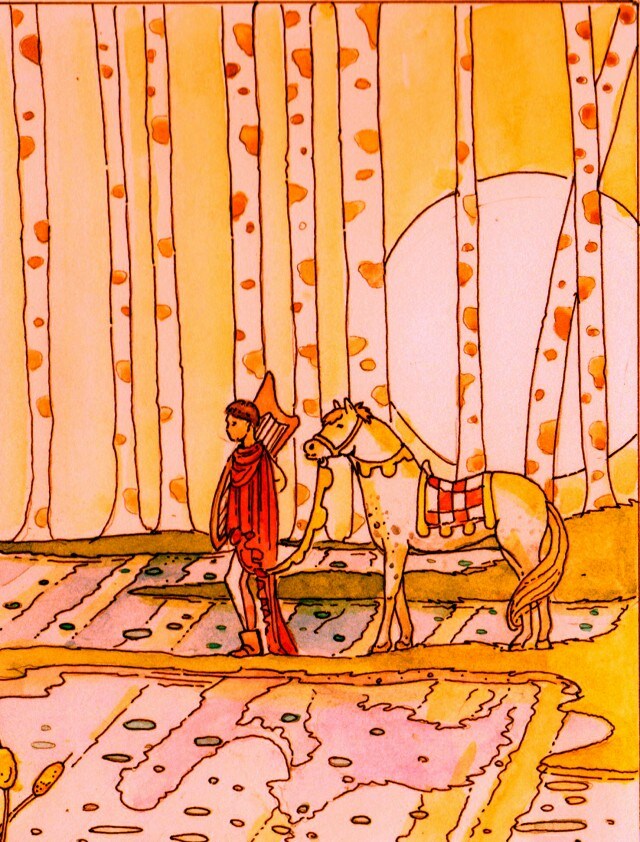 Immagine di un cantore tra gli alberi (Per leggerne la descrizione proseguire nel link). Il cantore in figura intera ha con sé un'arpa celtica e tiene alla briglia un cavallo bianco.