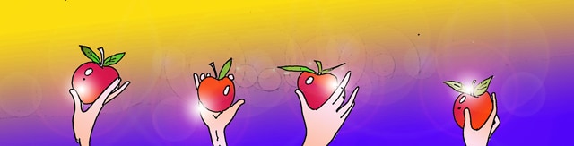 Immagine di mele di Avalon (Per leggerne la descrizione proseguire nel link). Fila di quattro mele sorrette da mani.