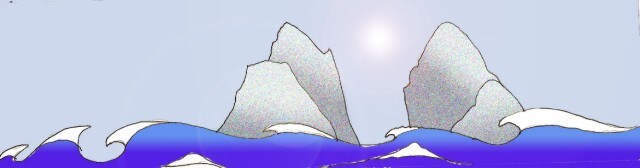 Immagine del faraglione di Scilla (Per leggerne la descrizione proseguire nel link). Al centro di un mare agitato, con onde e frangenti, si vedono emergere dall'acqua due grandi scogli bluastri.