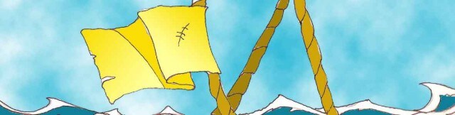 Immagine di una bandiera gialla issata su una sartia di un'imbarcazione (Per leggerne la descrizione proseguire nel link). Si vede un mare agitato con frangenti di onde e il dettaglio, in primo piano, di una bandiera gialla che si agita al vento. E' issata su delle sartie di una barca.