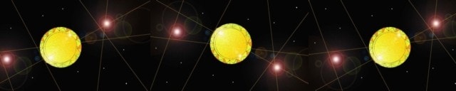Immagine di tre pietre preziose  gialle (topazi) su di uno sfondo di cielo notturno stellato.