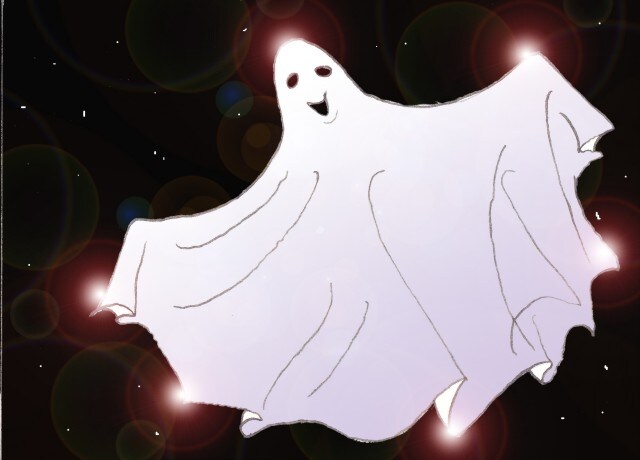 Immagine di un fantasmino (Per leggerne la descrizione proseguire nel link). Si vede un lenzuolo bianco, dalle fattezze di fantasma, che fluttua allegramente in aria. Sullo sfondo, un cielo notturno.