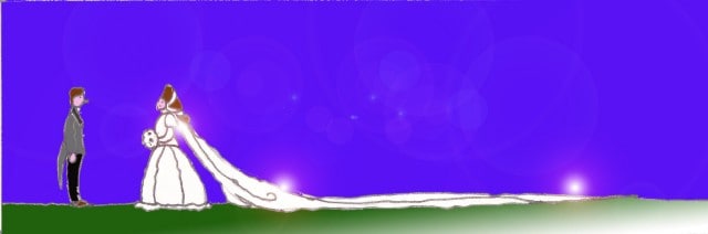 Immagine due sposi in figura intera (Per leggerne la descrizione proseguire nel link). Su di un vasto prato verde le figure di due sposi di profilo, l'uno davanti l'altro, sul lato sinistro della scena. L'abito bianco della donna termina con lungo velo a strascico che corre per tutto il prato. Sullo sfondo un intenso cielo sereno, di colore azzurro.