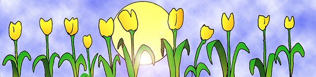 Immagine di una fila di tulipani gialli (Per leggerne la descrizione proseguire nel link). I fiori in fila e dietro il disco solare giallo.