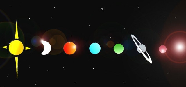 Immagine di una serie di pianeti (Per leggerne la descrizione proseguire nel link). Si vede sullo sfondo nero del cosmo una serie astri e pianeti allineati orizzontalmente e di diverso colore. Tra questi sono riconoscibili le allusioni a Saturno (disegnato con il caratteristico anello), Marte (di colore rosso), il sole giallo e lo spicchio di Luna.
