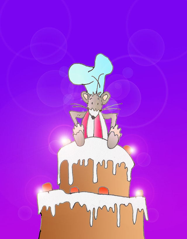 Immagine di una torta multipiano (Per leggerne la descrizione proseguire nel link). Una torta multipiano sulla cui sommità è seduto il topolino con un cappello da chef sul capo.