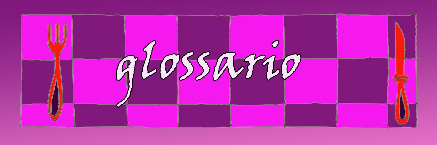 De Gustibus : Indice Glossario - Cornice composta da una tovaglia a scacchi viola e fucsia, apparecchiata con coltello e forchetta. Tra le due posate la scritta 'glossario '.