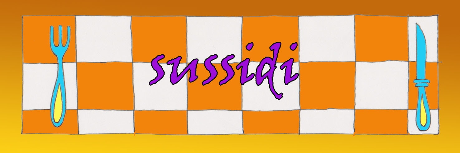 Cornice composta dalla scritta: 'Sussidi' sullo sfondo di una tovaglia a scacchi bianchi e arancioni, tra un coltello e una forchetta