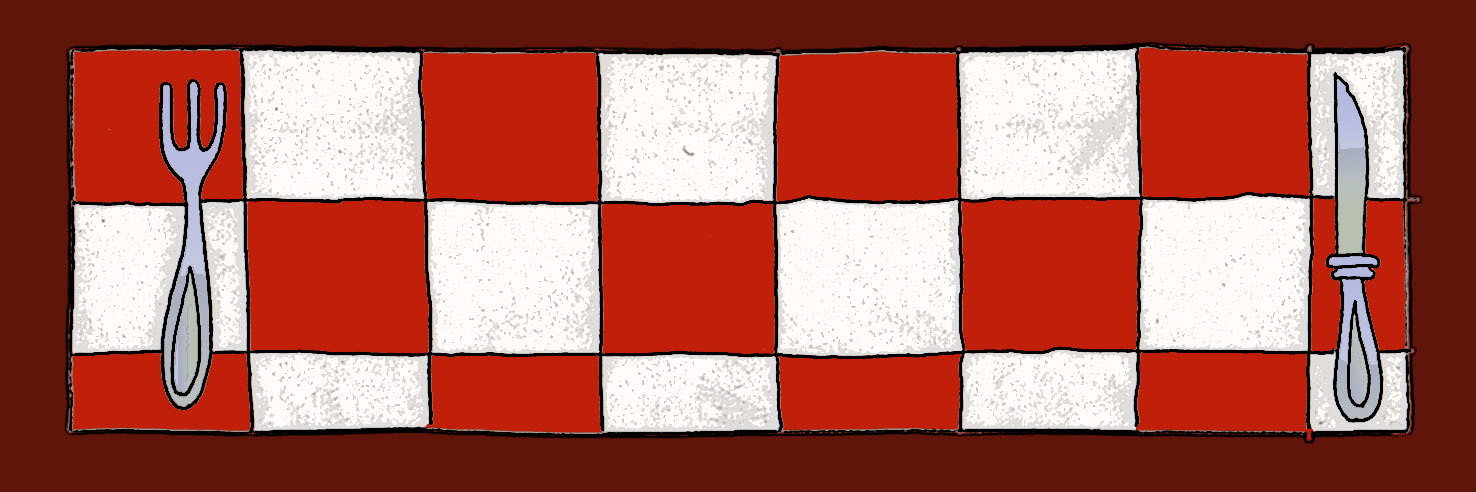 Immagine di una tovaglia a scacchi bianchi e rossi, tra un coltello e una forchetta.