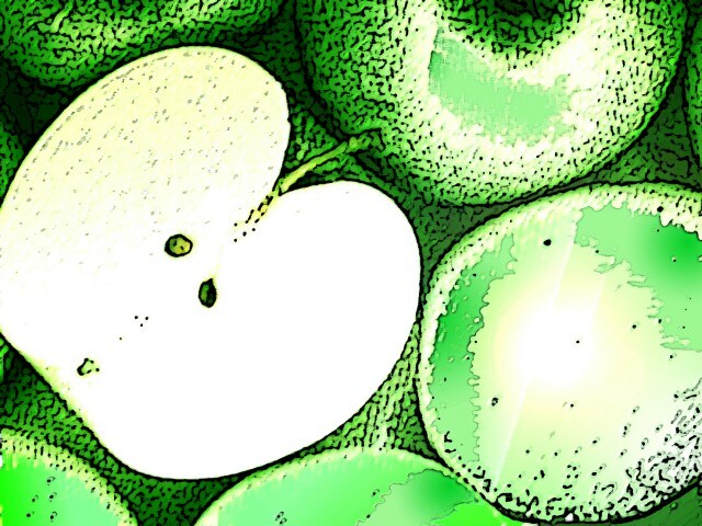 Immagine di mele verdi (Per leggerne la descrizione proseguire nel link). Diverse mele, di cui una spaccata a metà.
