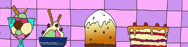 Immagine di dolci (Per leggerne la descrizione proseguire nel link). Sullo sfondo di una tovaglia a scacchi viola e rosa si vedono, da sinistra a destra: una coppa e una coppetta di gelato, un panettone e una torta di fragole e panna.
