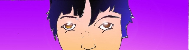 Immagine del primo piano del volto di Li Hacker (Per leggerne la descrizione proseguire nel link). Gli occhi e i capelli scuri, uno sfondo fucsia