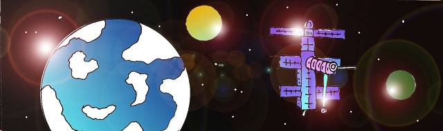 Immagine della Terra e di un satellite (Per leggerne la descrizione proseguire nel link). Si vede il globo terrestre nel cosmo e sulla destra un satellite composto da diverse strutture a forma di parallelepipedi sovrapposti, a formare diverse croci. Sullo sfondo, altri oggetti celesti.