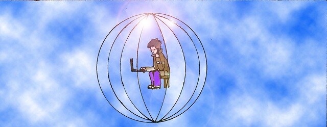 Immagine surreale di Li Hacker in una sfera (Per leggerne la descrizione proseguire nel link). Si vede il ragazzo di profilo, seduto su di uno sgabello all'interno di una sfera formata da diversi meridiani metallici, allegoria della Terra. Davanti a lui il laptop aperto. Sullo sfondo il cielo diurno.