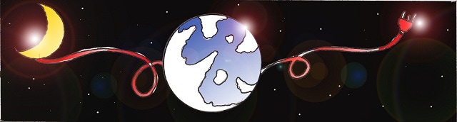 Immagine del pianeta Terra (Per leggerne la descrizione proseguire nel link). Al centro il globo terrestre e sulla sinistra la falce di luna, collegati con un cavo elettrico, immagine allegorica del collegamento Terra-Luna. Sullo sfondo, il buio cosmico.