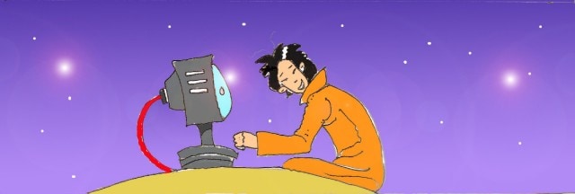 Immagine di Li Hacker nel cosmo (Per leggerne la descrizione proseguire nel link). Si vede il bambino cinese in figura intera, davanti al monitor di un computer. E' seduto, gambe incrociate, sulla superficie tonda di un pianeta. Offre all'osservatore un sorriso smagliante, su di uno sfondo di cielo stellato.