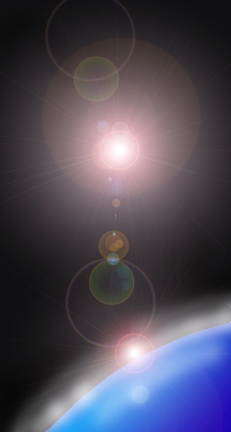Immagine verticale. Dettaglio della curvatura di un pianeta azzurro e alcune stelle nello sfondo nero del cosmo.