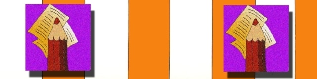Su di un motivo a strisce verticali, di colore bianco e arancione, è montato su ciascun lato un quadro rappresentante una matita pastello e due fogli scritti.