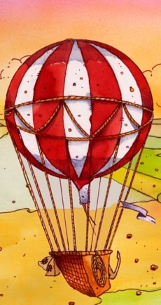 Immagine della mongolfiera che sorvola il cielo di Green River. Attorno al pallone, colorato a spicchi rossi e bianchi, girano diverse funi che disegnano uno zig-zag. Da questo partono molte corde verso il basso che arrivano al cestello: l'abitacolo dei passeggeri.