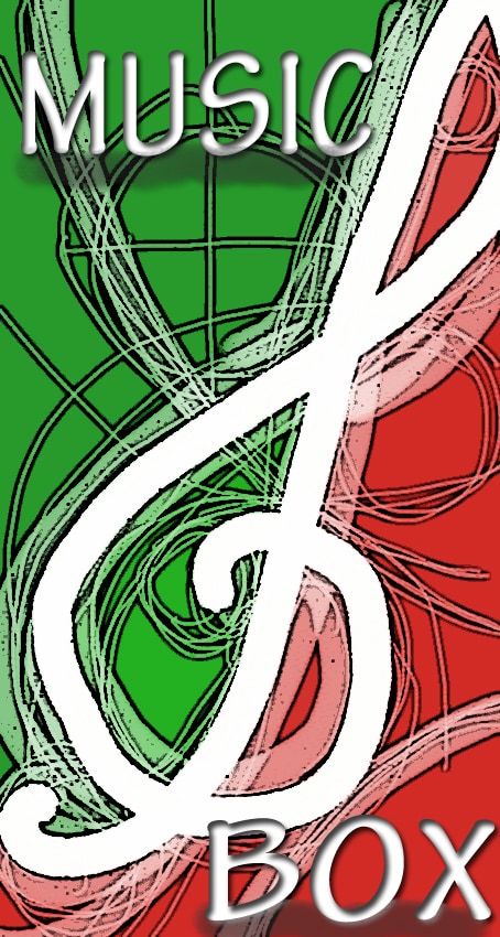 Immagine verticale. Chiave di violino sullo sfondo di una composizione cromatica del tricolore italiano e la scritta "Music Box"