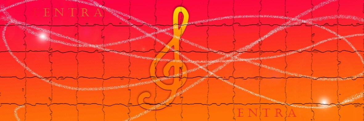 Una chiave di violino e la scritta "Entra" su sfondo sfumato di tonalità arancione su trama disegnata come un puzzle