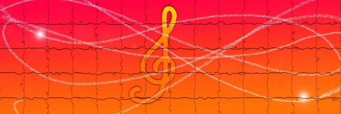 Una chiave di violino su sfondo sfumato di tonalità arancione su trama disegnata come un puzzle
