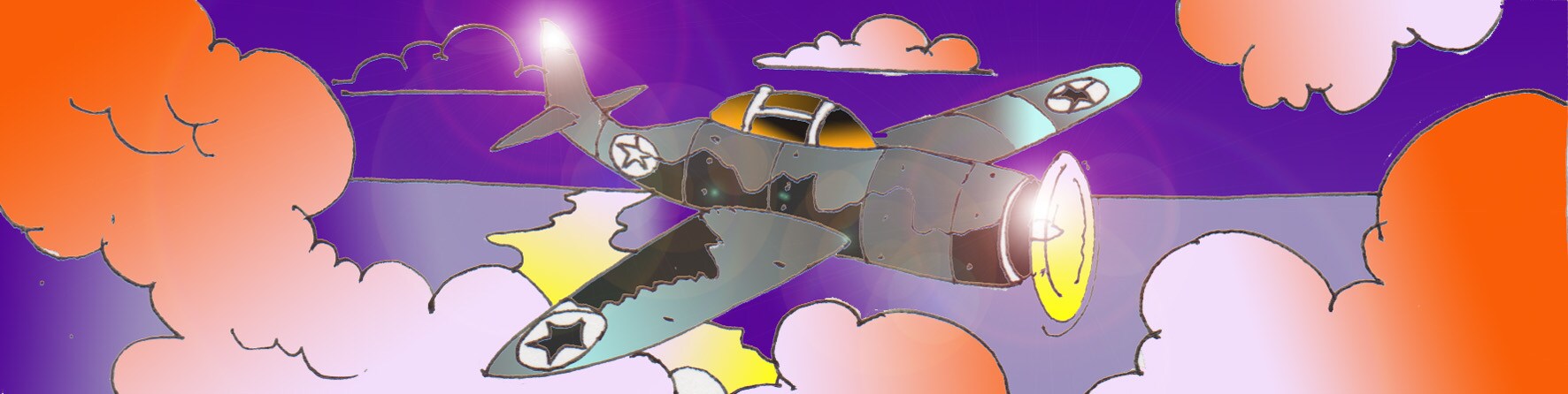 Immagine di aereo thunderbolt nel cielo (Per leggerne la descrizione proseguire nel link). ). Si vede l'aereo in volo tra le nuvole al tramonto.