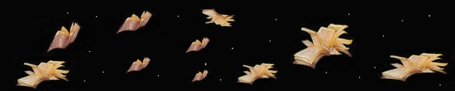 Immagine di una serie di libri in volo, le pagine mosse dal vento su di uno sfondo di cielo notturno stellato.