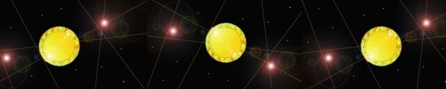 Immagine di tre pietre preziose  gialle (topazi) su di uno sfondo di cielo notturno stellato.