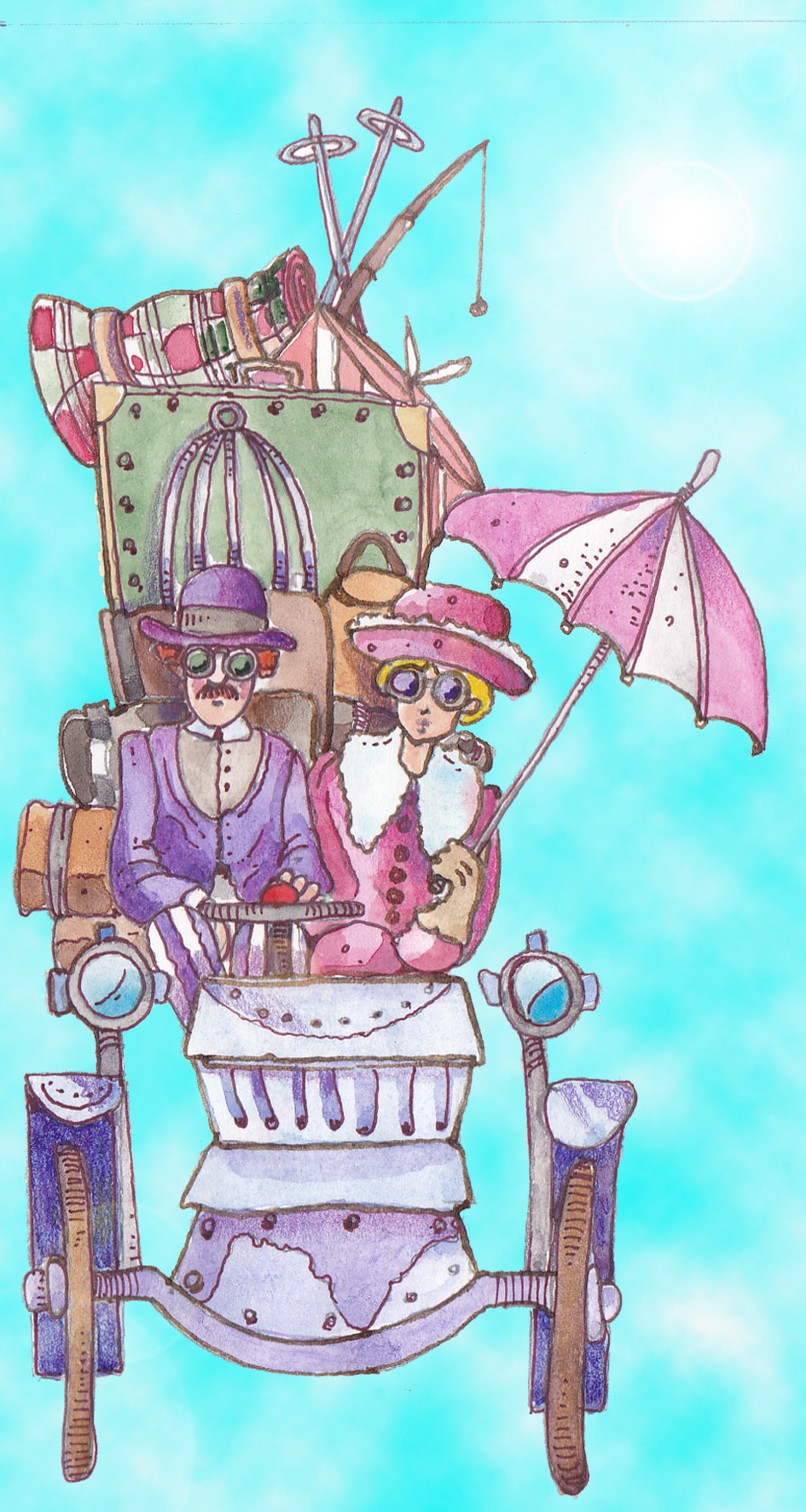 Due viaggiatori in auto d'epoca con molti bagagli (Per leggerne la descrizione proseguire nel link). Si vede forntalmente un'auto d'epoca. Il conducente signorilmente vestito con bombetta e completo, il passeggero - una signora - abbigliata con una giacca rosa e doppio petto di pelliccia bianca. Tiene nella mano sinistra un ombrellino rosa parasole, aperto. Dietro di loro si vede una catasta di valigie legate nel portabagagli.