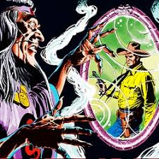 Disegno del terrorifico Mefisto che agita le mani lanciando incantesimi di fronte a uno specchio nel quale compare Tex Willer.
