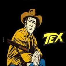 Disegno di Tex Willer con il cappello da cowboy e la classica camicia color senape che tiene il fucile tra le braccia incrociate.