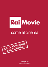 Logo di Rai Movie in bianco su sfondo rosso. 
Al di sotto le scritte: 'come al cinema', 'La tv ufficiale del festival' e 'canale 24 - www.raimovie.it'