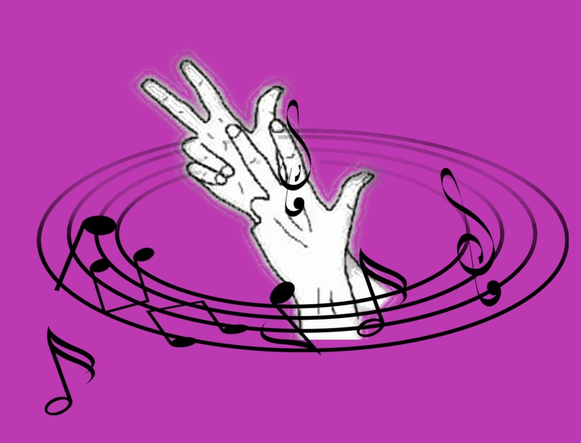 Tre mani su sfondo viola nel gesto del linguaggio dei segni