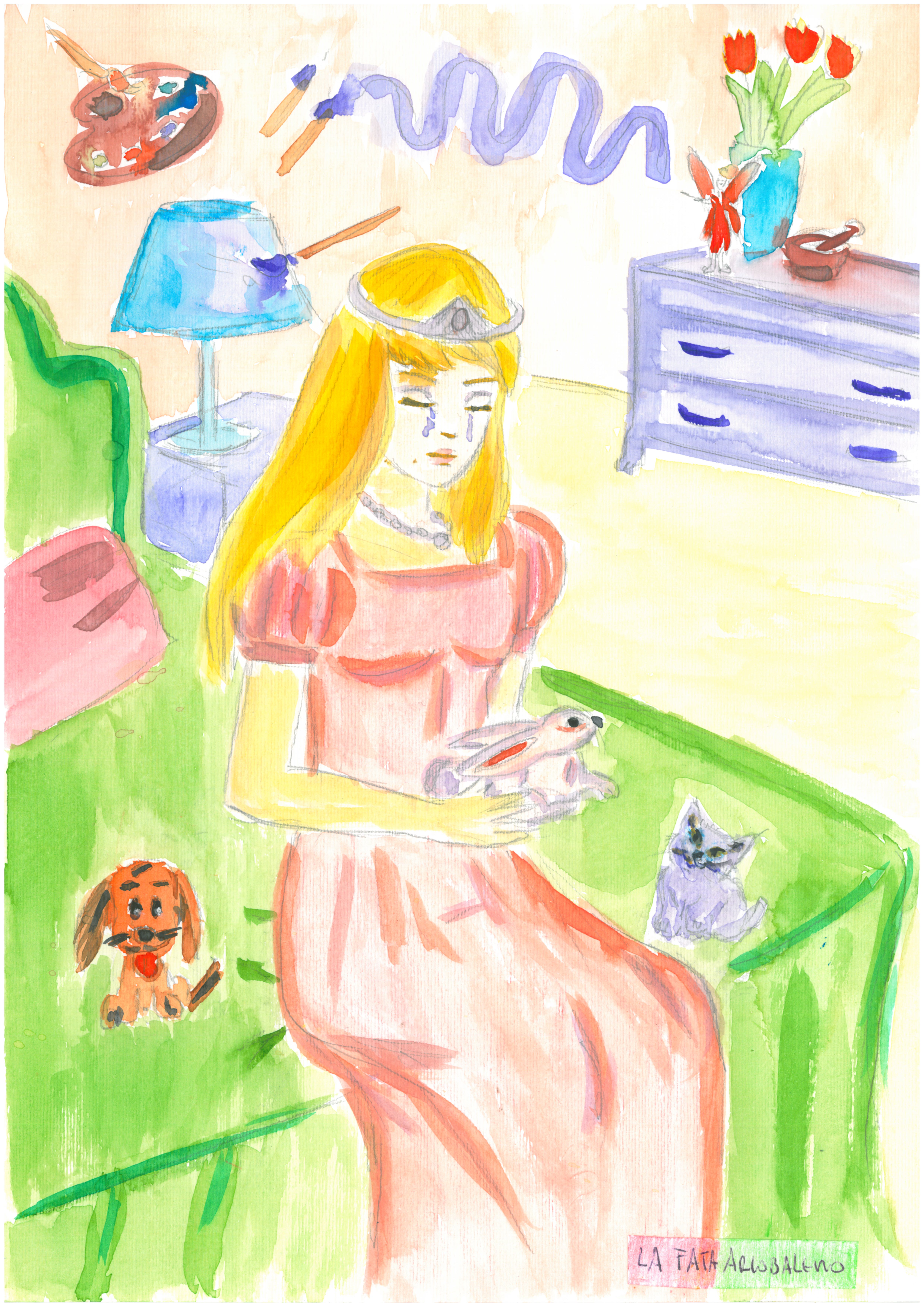 La Principessa Perla piange seduta sul letto, con un coniglietto tra le mani e un cagnolino e un gattino al suo fianco