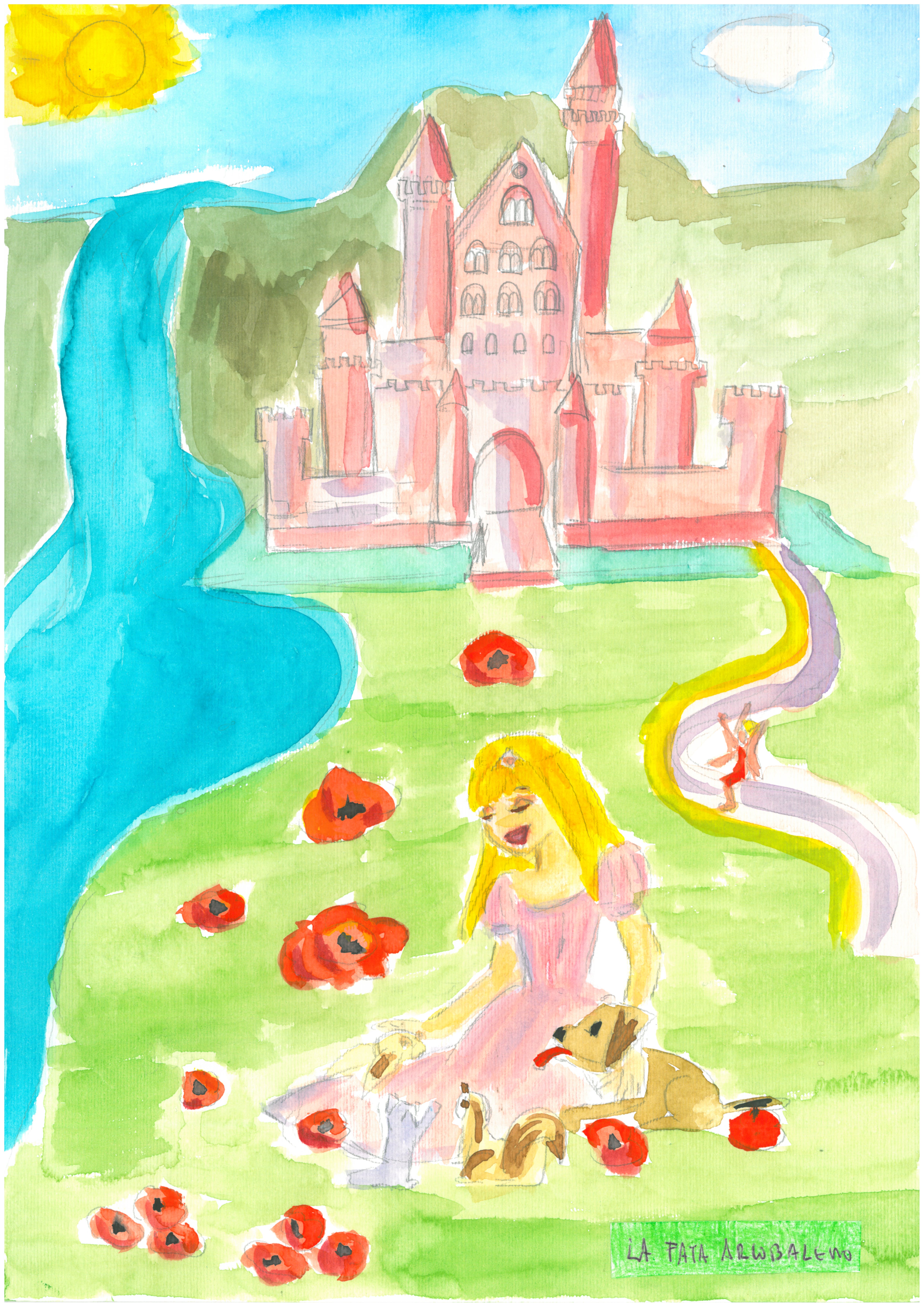 La Principessa Perla sorridente, seduta su un prato disseminato di papaveri davanti al castello, in compagnia dei suoi amici animali e della Fata Arcobaleno.
