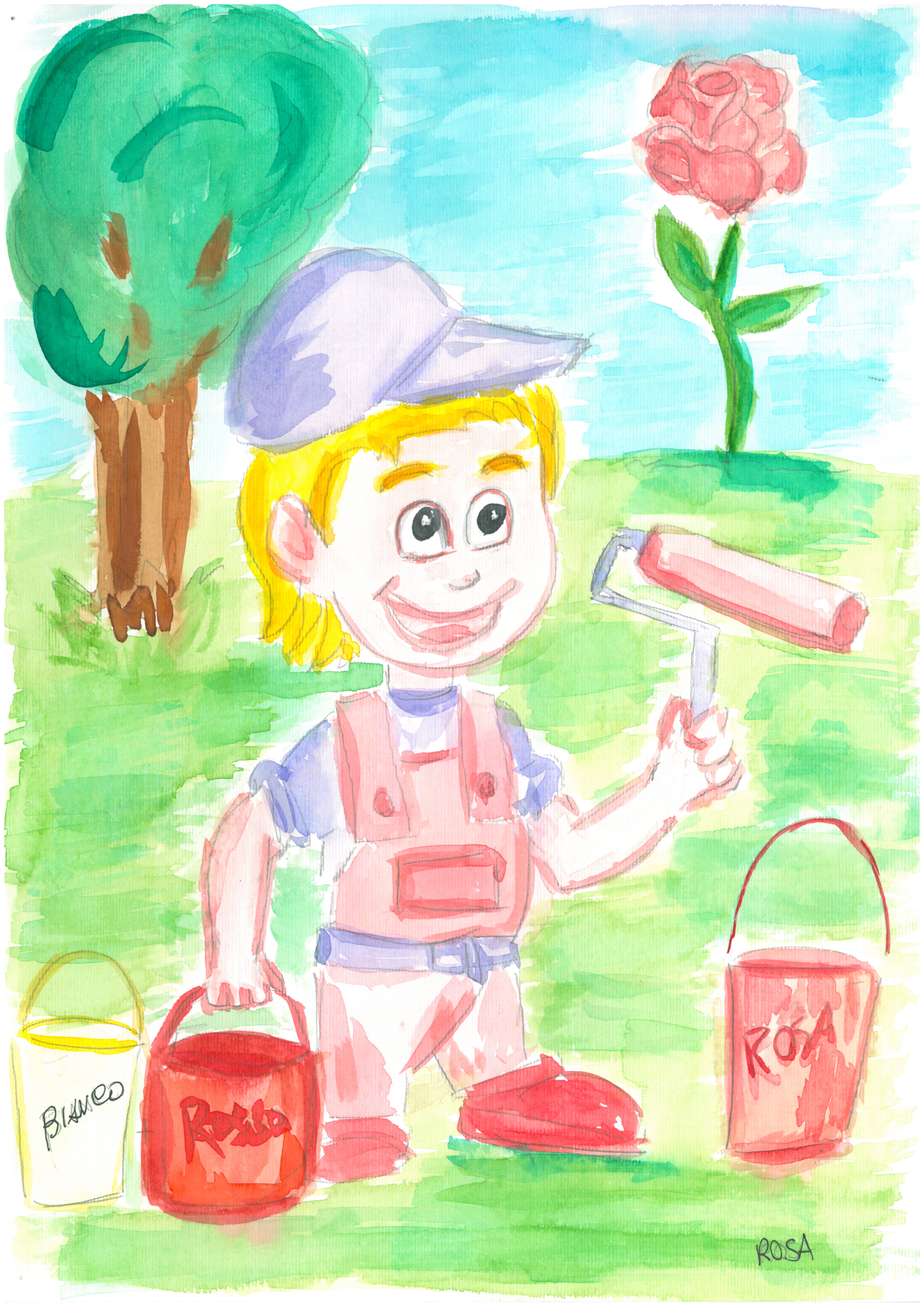 L'imbianchino Pennellino con un rullo da pittura in mano e accanto tre secchi di colore: bianco, rosso e rosa.