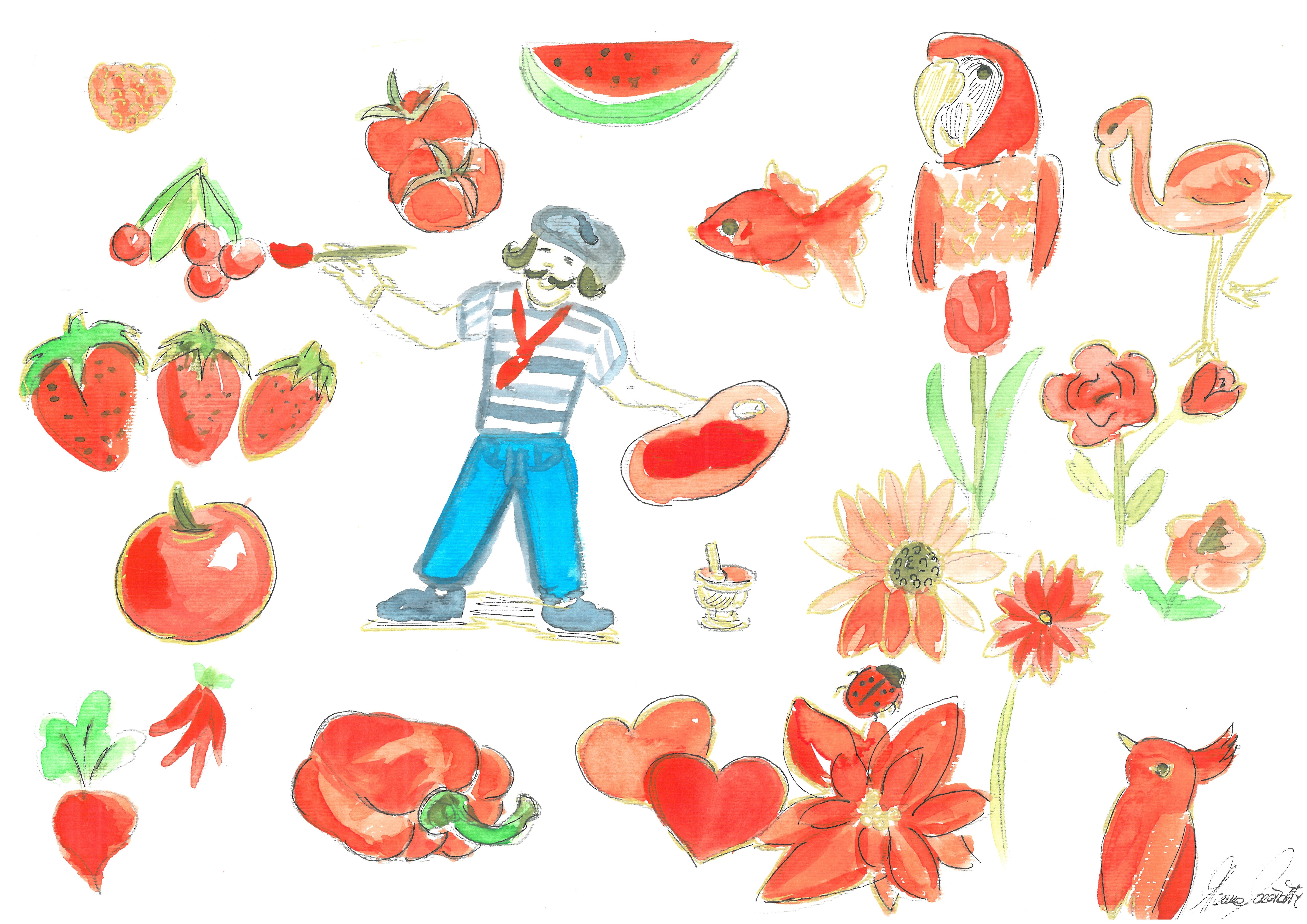 Il pittore Pascal in mezzo ad animali, fiori e frutti rossi.