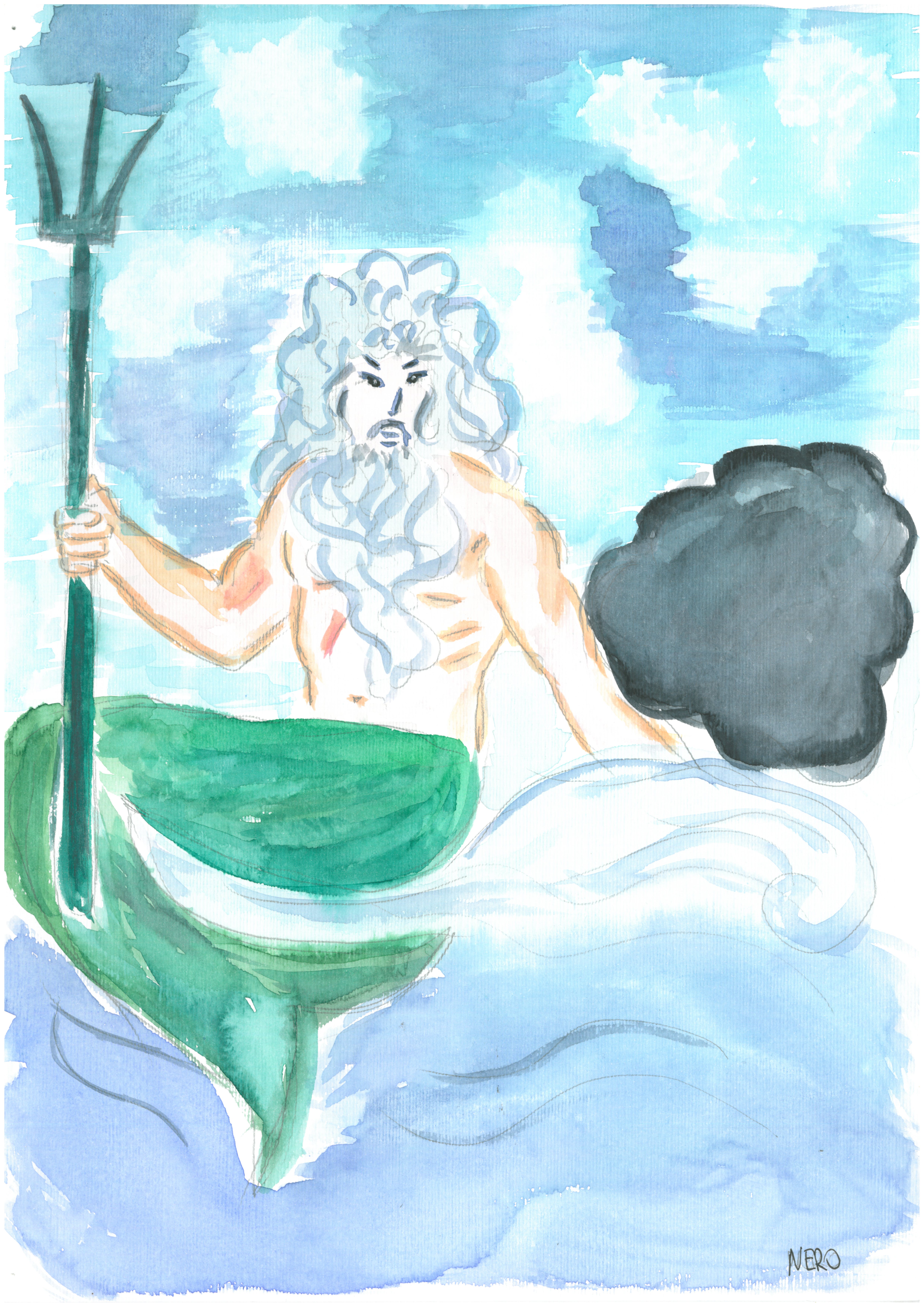 Il Re del Mare Poseidone è seduto sulle onde con il tridente in mano. Per metà è un uomo dai lunghi capelli e barba bianchi, a torso nudo, per l'altra metà è pesce, con una poderosa coda di pesce al posto delle gambe dal colore verde/azzurro cangiante. Accanto a lui, la nuvoletta nera.