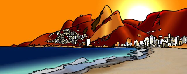 La spiaggia di Copacabana al tramonto.(Per leggerne la descrizione proseguire nel link). Si vede la battigia della spiaggia di Copacabana; sullo sfondo le montagne che incorniciano la spiaggia e lo skyline della città di Rio de Janeiro. Il paesaggio è illuminato dai raggi dorati del sole che sta tramontando dientro ai rilievi.