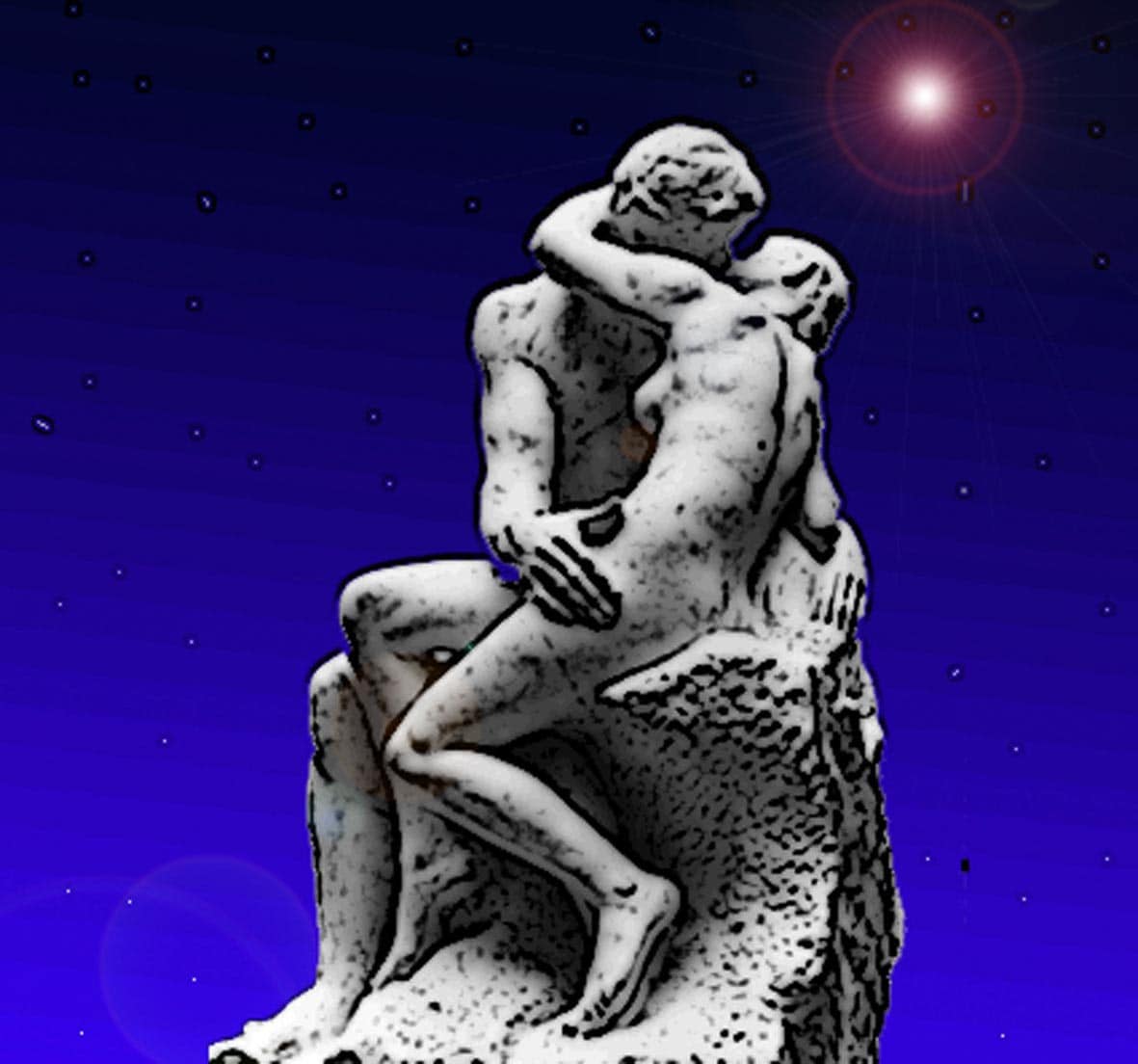 Immagine della famosa statua (Per leggerne la descrizione proseguire nel link). Si vede in figura integrale la statua del Bacio su uno sfondo di cielo stellato blu.