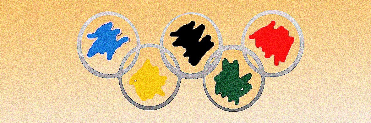 Cornice composta dai cinque anelli olimpici concatenati, in cui sono inscritte le campiture dei colori: azzurro, giallo,  nero, verde e rosso.
