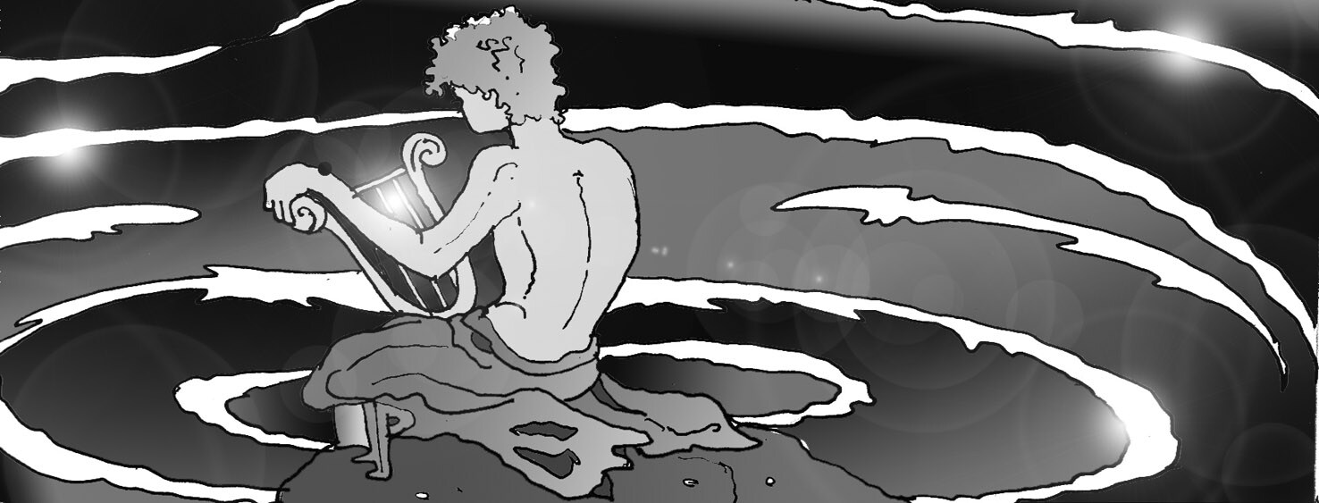 Immagine in bianco e nero di Orfeo che suona la cetra nell'Ade