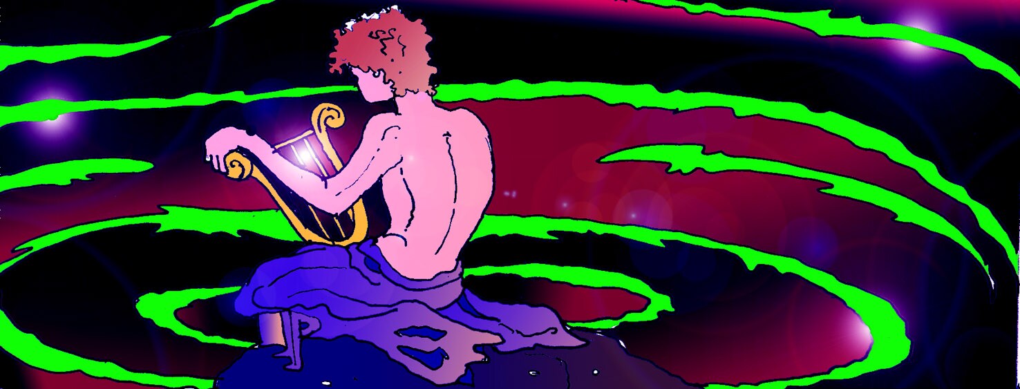 Immagine virata di Orfeo che suona la cetra nell'Ade.