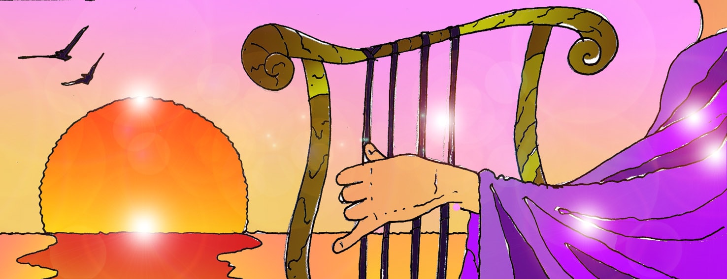 Immagine della cetra tenuta dal braccio Orfeo ammantato dalla clamide. (Per leggerne la descrizione proseguire nel link). Si vede il braccio di Orfeo che tiene dritta in equilibrio la cetra. Sullo sfondo un sole al tramonto sul mare e la sagoma di due uccelli in cielo.