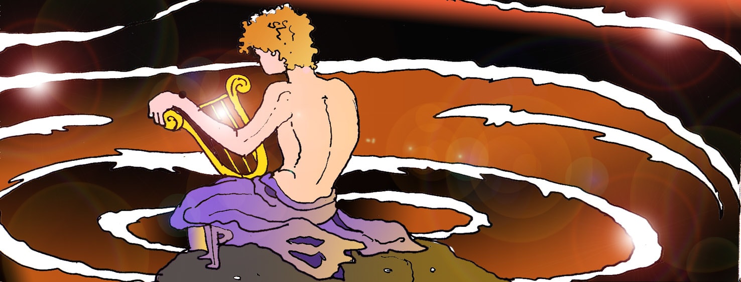 Immagine di Orfeo che suona la cetra nell'Ade (Per leggerne la descrizione proseguire nel link). Si vede Orfeo, seduto su una roccia. E' a torso nudo, coperto solo da un panneggio indaco per le gambe. Suona la cetra davanti ad uno specchio di acque scure e turbolente .