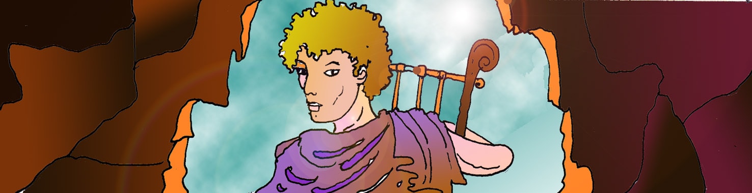 Immagine del busto di Orfeo (Per leggerne la descrizione proseguire nel link). Orfeo si volta. Ha il volto incorniciato dai capelli biondi, lo sguardo vivace. Tiene stretta a s&eacute; la cetra. E' vestito con una tunica. Ai lati le pareti di una caverna e sullo sfondo si apre un cielo azzurro.