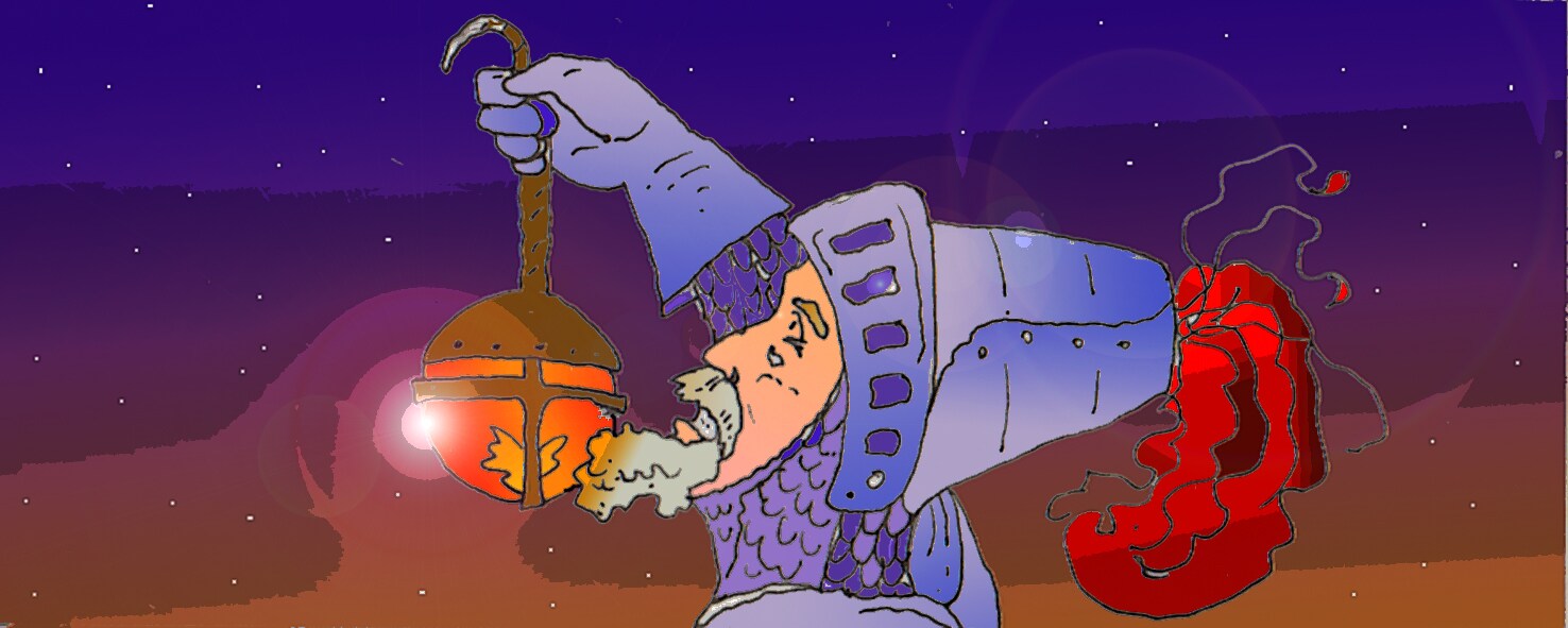 Primo piano del del volto di Astolfo con armatura mentre tiene nella mano destra una lampada accesa (Per leggerne la descrizione proseguire nel link). Si vede Astolfo di profilo, l'elmo aperto a scoprire il volto. Il braccio destro alzato con cui tiene una lanterna accesa. L'elmo ha all'estremit&agrave; una vistosa piuma rossa