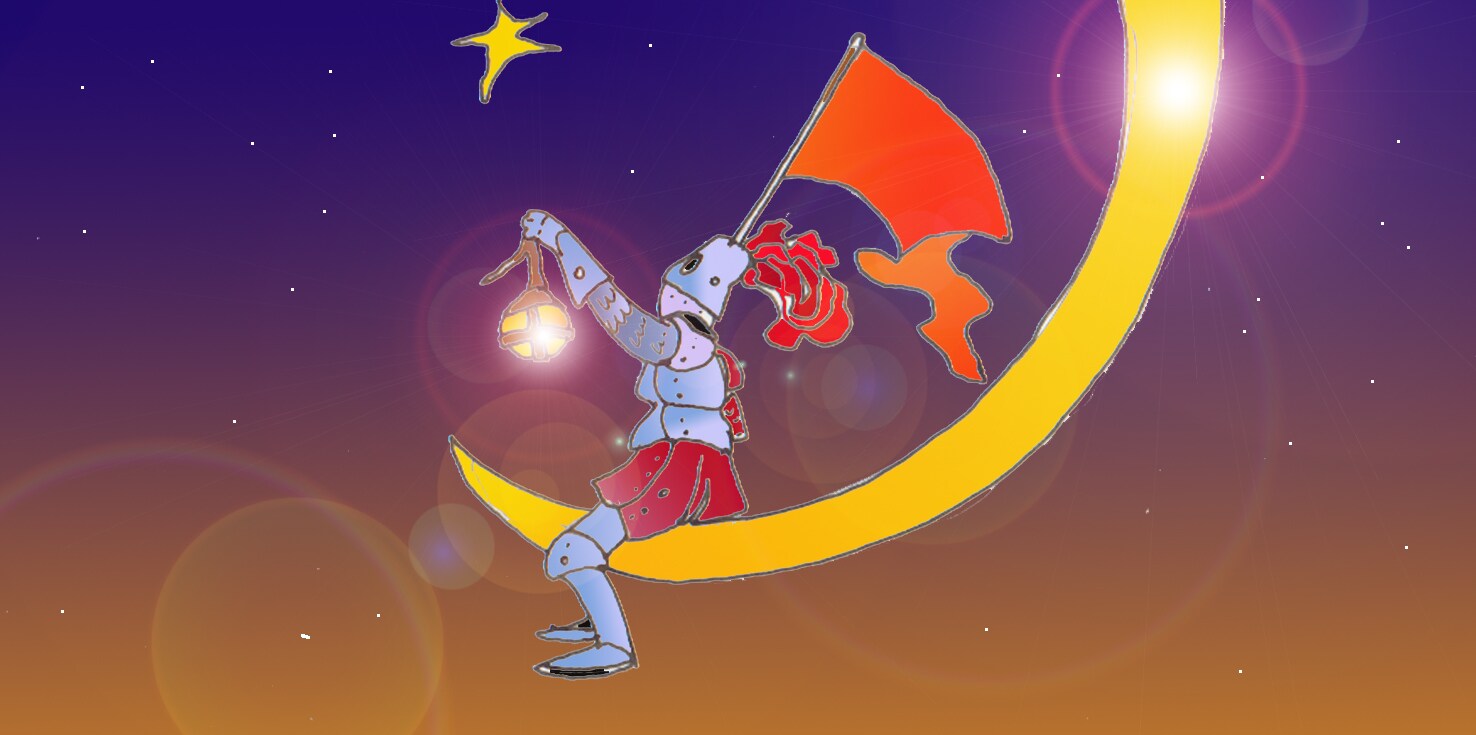 Immagine di profilo di Astolfo sulla Luna (Per leggerne la descrizione proseguire nel link). Il cavaliere in armatura, a cavallo su una grande falce di Luna. Il braccio sinistro teso in alto tiene una lampada accesa e con l'altro un'asta su cui &egrave; issata una bandiera. Sopra la Luna, una stella