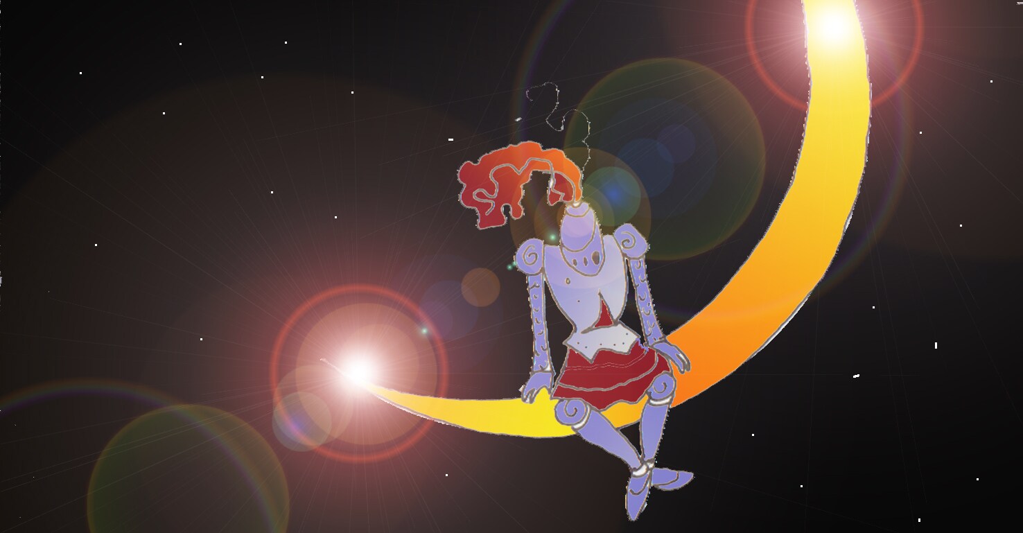 Immagine frontale di Astolfo sulla Luna (Per leggerne la descrizione proseguire nel link). Il cavaliere in armatura seduto sulla falce di Luna con le braccia lungo i fianchi, sul bordo dell'astro.